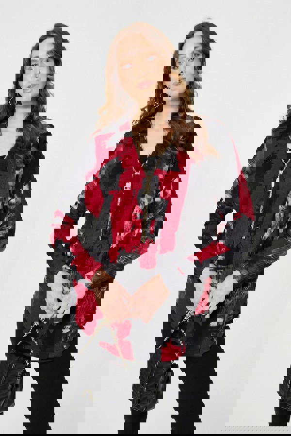 Red | Abstract Zip Front Long Sleeve Top
