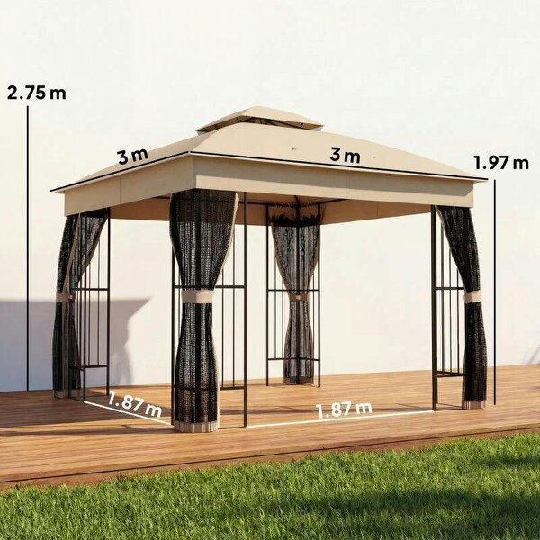 3 x 3 m Outdoor Garden Gazebo with Post Shelves, UPF50+ Double Roof Patio Permanent Pavilion, Brown