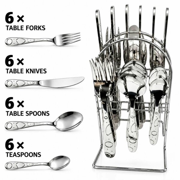 Dyzi 24 Piece Stainless Steel Cutlery Set with Storage Stand Silver