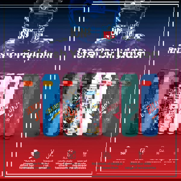 Six water bottles, displaying various NFL team logos, are presented. They are shown against a backdrop featuring a blurred image of a football player and promotional text. "Refresh Your Hydration", "ION8 NFL", "Choose from 3 different materials", "Sizes to suit any user", "Hundreds of designs to choose from", and "Shop our wide range of accessories" are also visible.