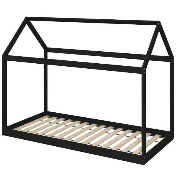 Single Bed Frame, House-Scandinavian-Style Wooden Bed Frame for 90W x 190D cm Mattress, Black