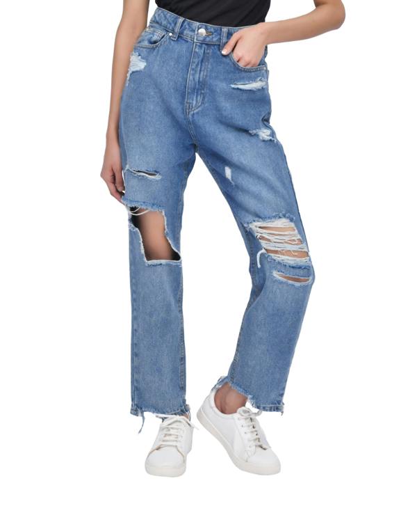 Smart Living Women's Casual Style High-Waist Torn Hem Rip Mom Jeans - Mid Wash