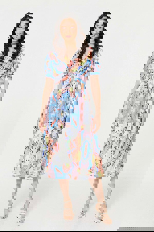 Blue | Abstract Ruched Front Empire Midi Dress : Model is 5'9"/175 cm and wears UK8/EU36/US4/AUS8