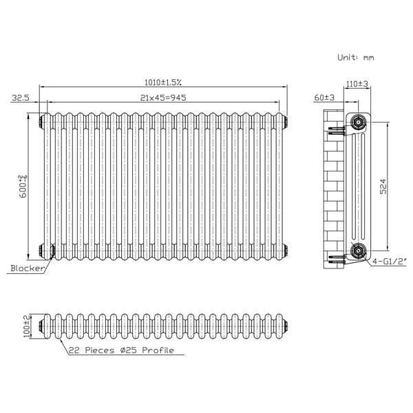 Monstershop Traditional 3 Column Radiator - 600 x 1010mm - Raw Metal