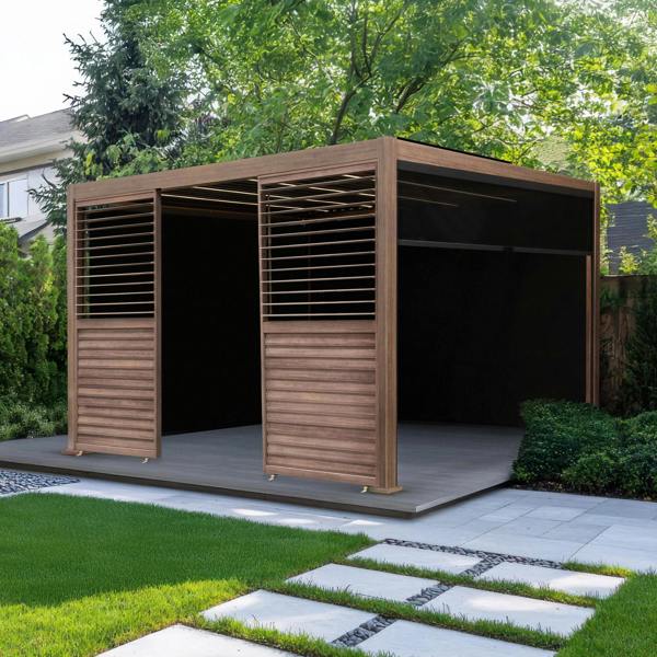 Wood effect aluminium pergola with blinds, side panels, and LED lights, featuring a modern design and natural wood finish in a garden setting