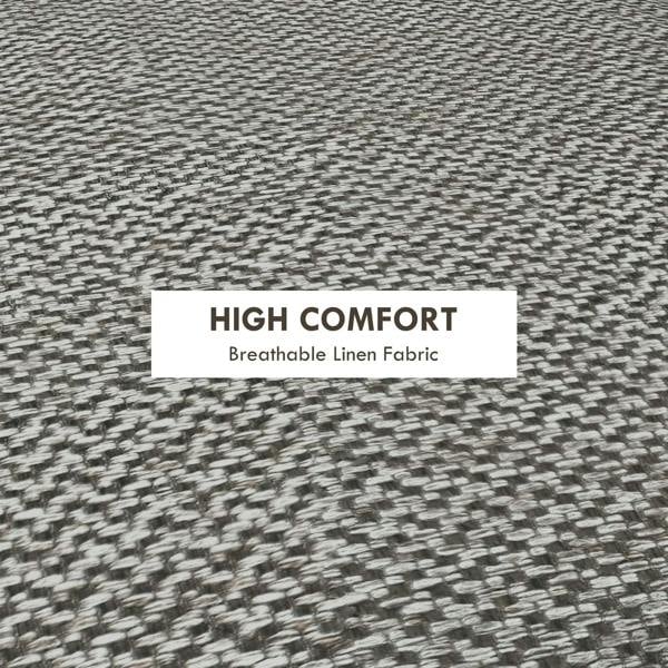 Light grey textured linen-look fabric on round ottoman top