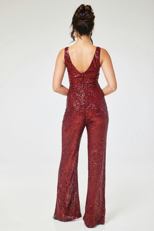 LuvForever Ruby - Wine V Neck Sequin Jumpsuit