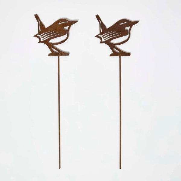 HOMESCAPES Steel Eurasian Wren Garden Stake Decorations, Set of 2