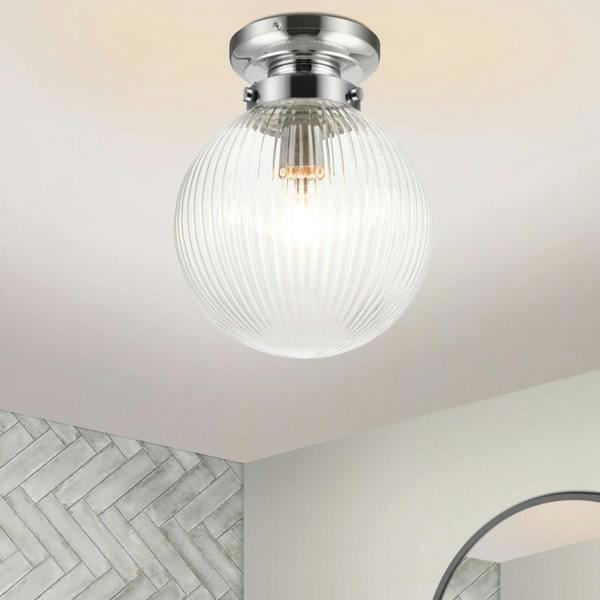 COSYLYTE Finley Bathroom Ribbed Glass Ceiling Light - Chrome