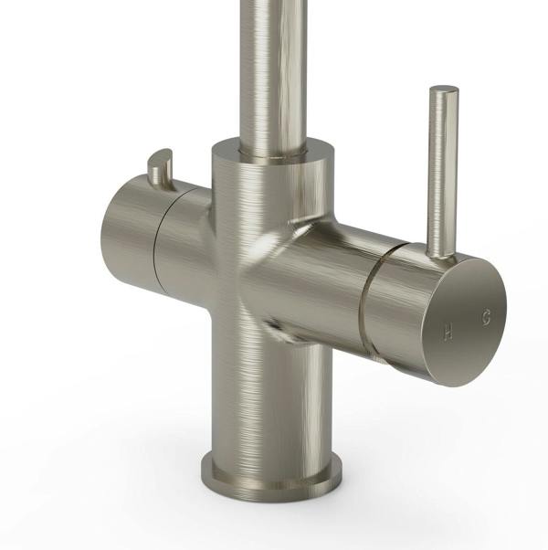 Close up Modern brushed steel boiling water tap on white background