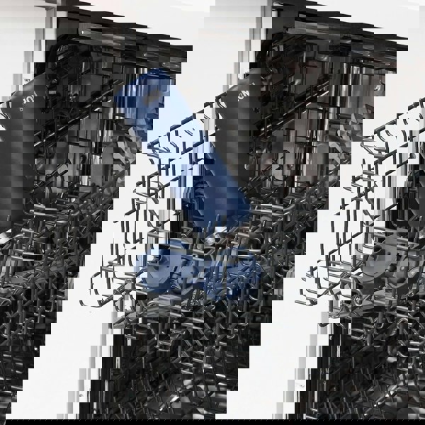 A blue water bottle with the text "ION8" placed on the top rack inside an open dishwasher in a kitchen setting.