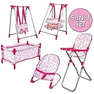Kids Deluxe 5 -in-1 Baby Doll Pretend Play Set with Cot Bed Bouncer Adjustable Swing Seat and High Chair Accessories