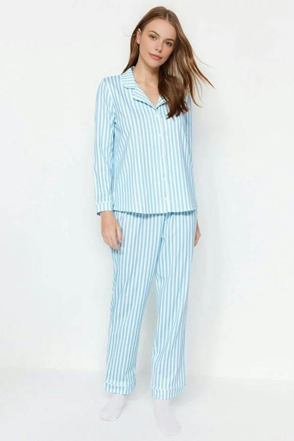 WOVCOR 2-Piece Striped Pattern Polar Fleece Lined Shirt-Pants Knit Pajama Set