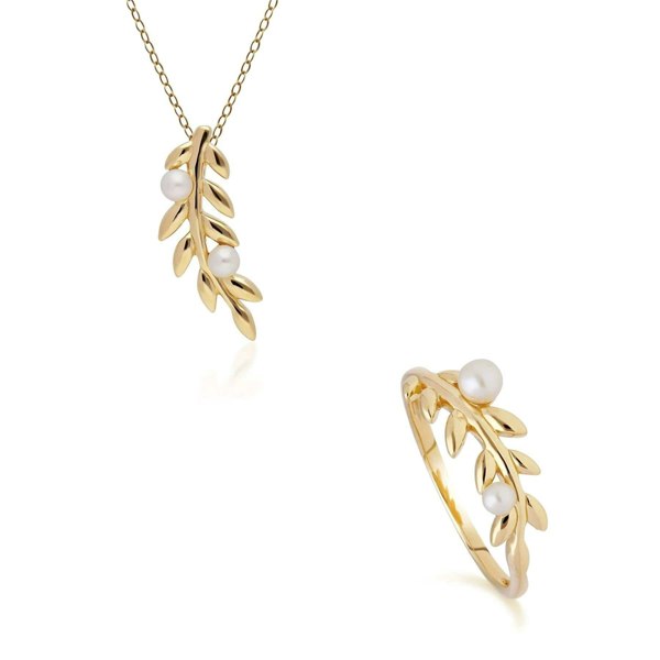 270P030001925-270R058401925 O Leaf Pearl Pendant & Ring Set in Gold Plated 925 Sterling Silver 1