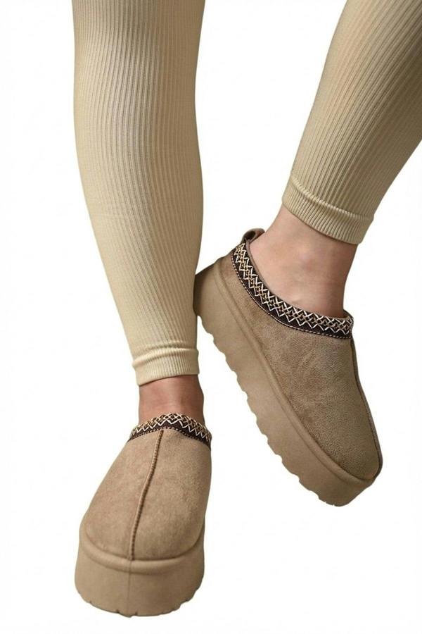 Jolene Aztec Detail Low Ankle Platform Slipper Boots - Camel_wb