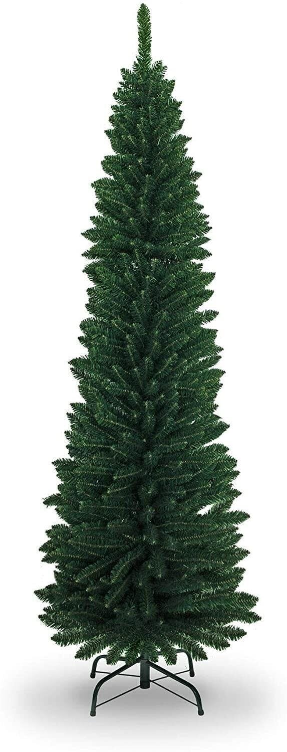 Shatchi 4ft to 8ft Green Artificial Flocked Slim Pencil Christmas Trees with Metal Stand - 8FT - PVC - Green