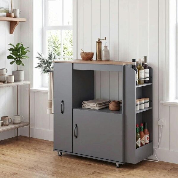 Kitchen Trolley on Wheels, Rolling Kitchen Island Cart with Power Outlet, Cabinet, Pull-Out Drawer, Grey