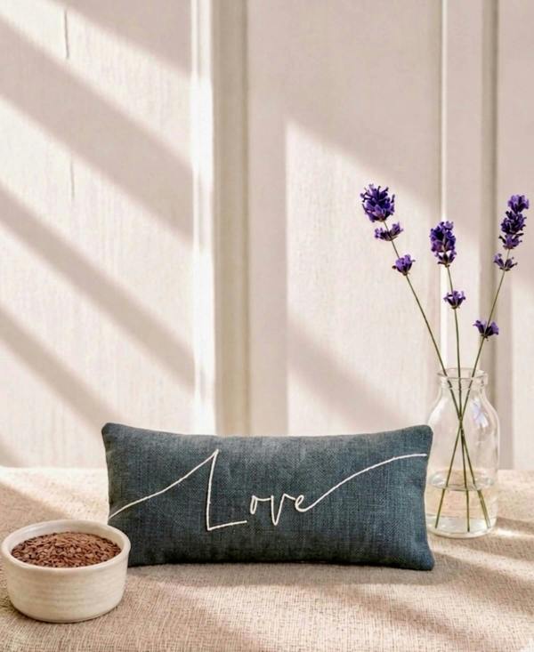 Love Embroidered Linen and Lavender Eye Pillow - Green - Lavender