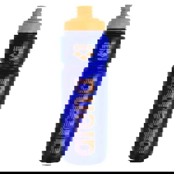 Arena Water Bottle 750ml with orange lid, blue geometric body