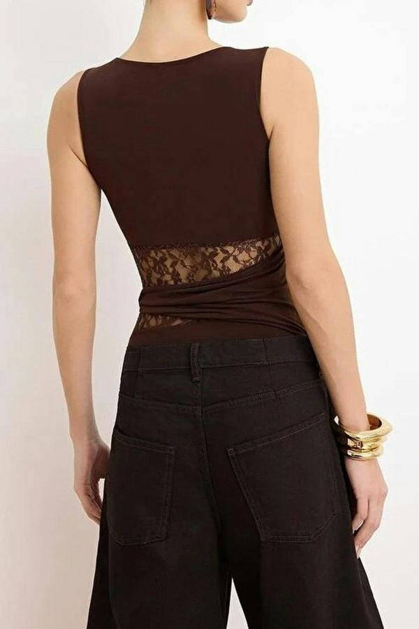 WOVCOR Lace Detail Transparent Knitted Bodysuit
