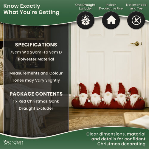Christmas Draught Excluder with Red Gonk Design, Soft Door Snake with 5 Gonks, Polyester Fabric, 73cm Wide x 28cm High, Fun Seasonal Draught Stopper