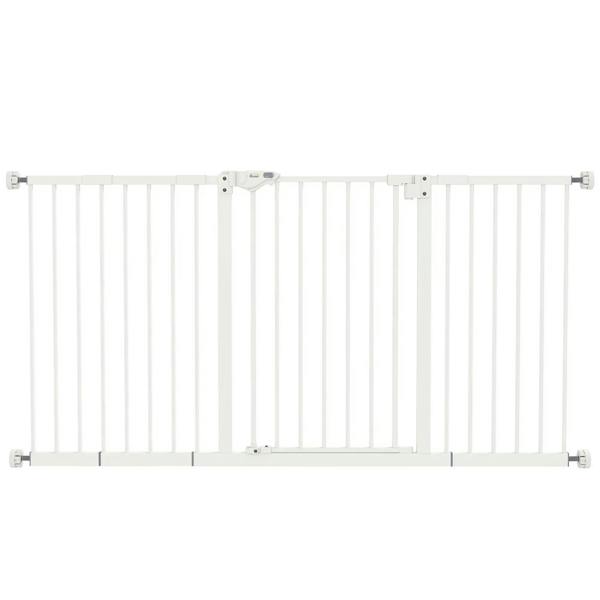White adjustable safety gate with vertical bars and metal mounting brackets