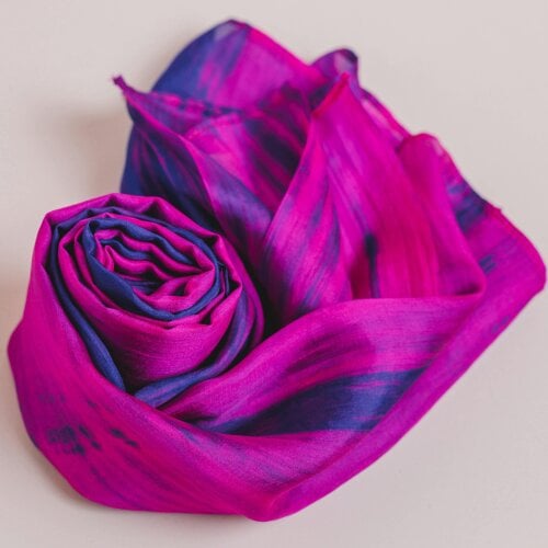 Fuchsia & Blue Brushstroke Silk Scarf – Hand-Dyed Mulberry Silk, Statement & Party Wrap