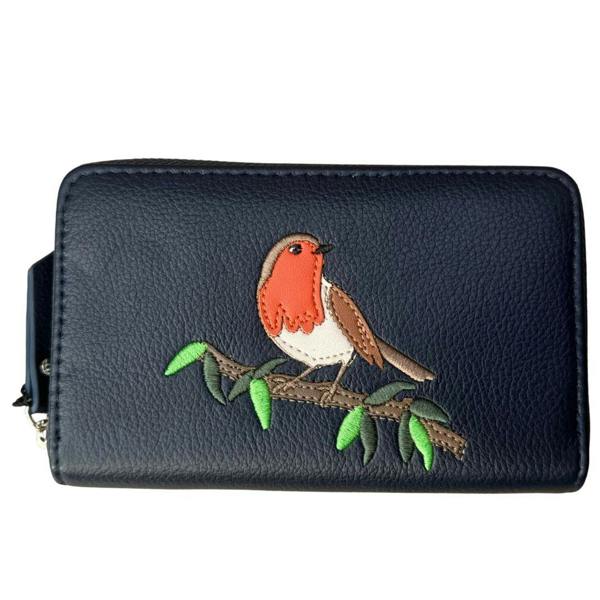 Fores Collection Embroidered Robin on Branch Zip-Around Card & Coin Purse
