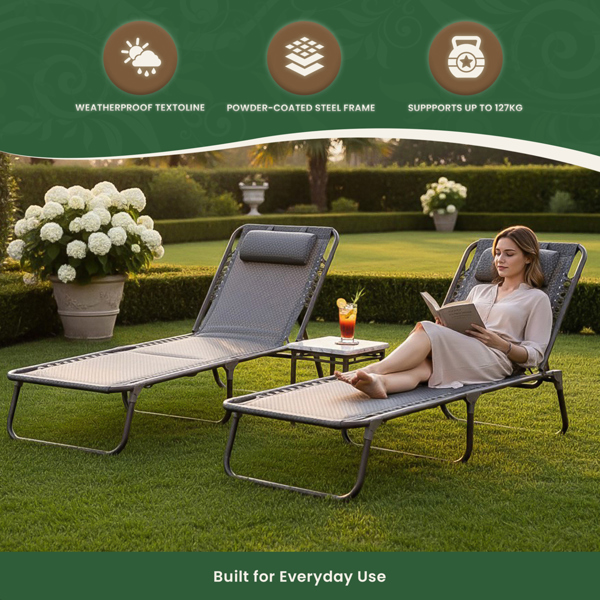 Luxury Padded Lay Flat Garden Sun Loungers Brown (Set of 2)