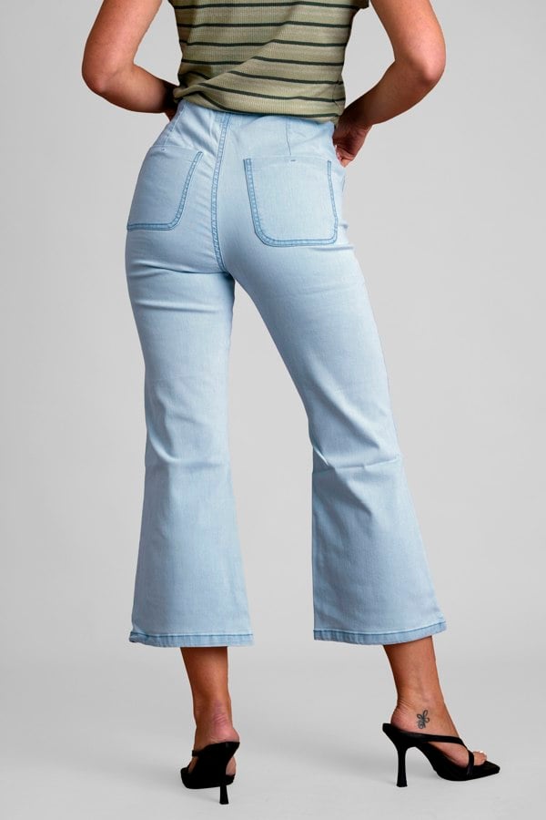 ENORSIA Light Blue Cropped Flared Buttoned Jeans