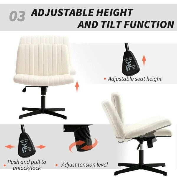 Bobobiy Armless Office Chair No Wheels, Linen Fabric Criss Cross Legged Desk Chair with Wide Seat, Height Adjustable Swivel Computer Seat, Cream
