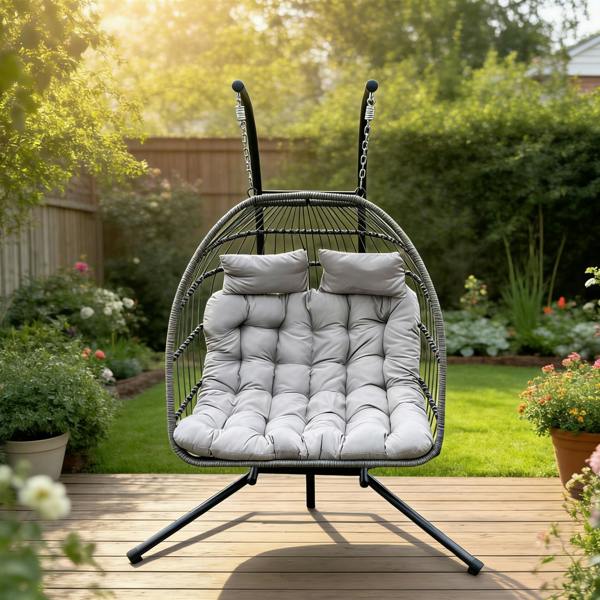 Fimous Indoor Outdoor Hammock Patio Rattan Double Egg Hanging Chair Garden With Grey Thick Cushion