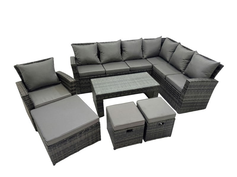 Fimous Rattan Garden Furniture Set 7 Pieces Outdoor Garden Sofa Oblong Coffee Table Set with Chair 3 Footstools Dark Grey Mixed