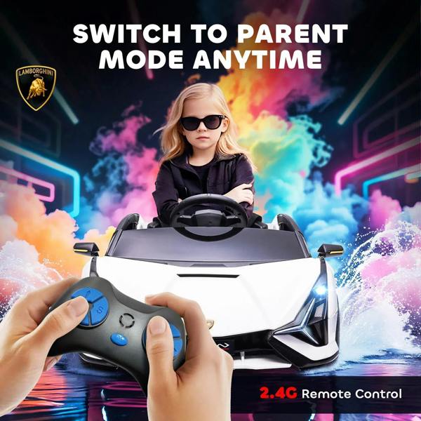 White kids electric ride-on car with black grille and 2.4G remote control shown.