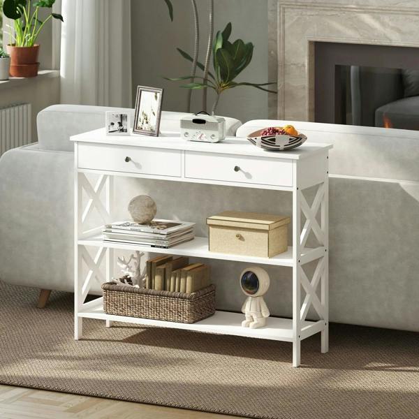 White console table with two drawers and open shelves, X-shaped support frame