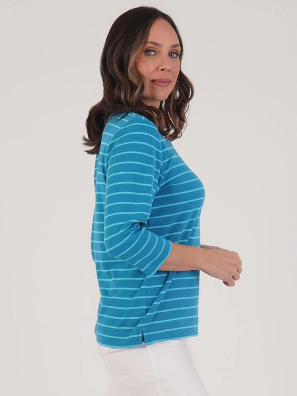 PennyPlain Stripe Square Neck Top - Wedgewood/lagoon