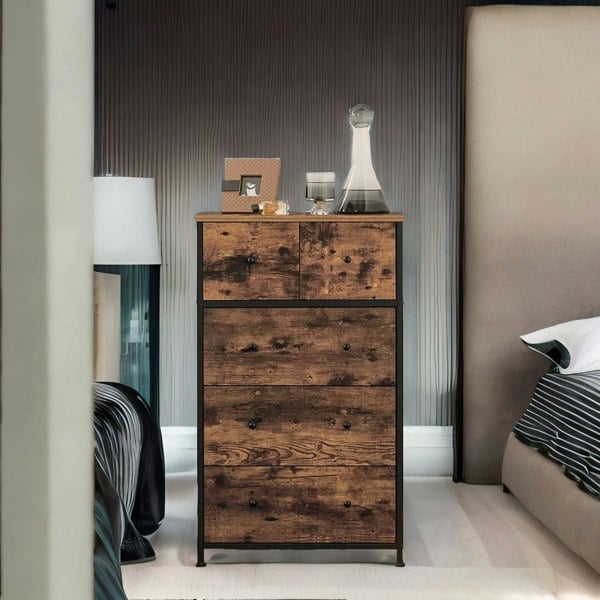 Rafaelo Mobilia 5 Fabric Drawer Bedroom Dresser Storage Organiser Rustic Brown