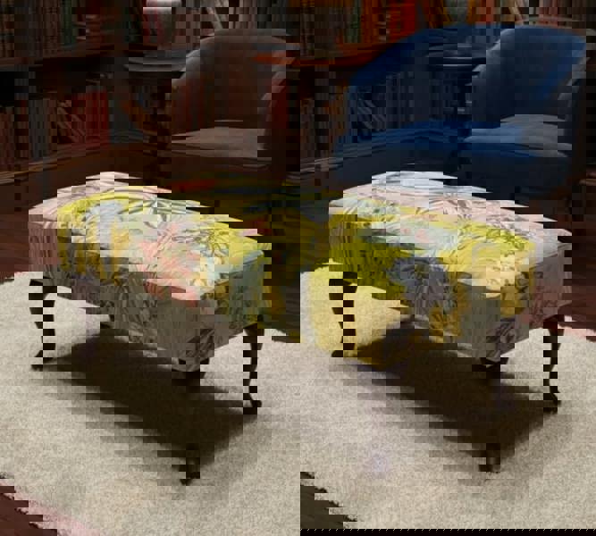 ISTOOLS Premium Zen Floral Footstool Ottoman – Yellow Bird Print Pouffe Footrest for Living Room Decor