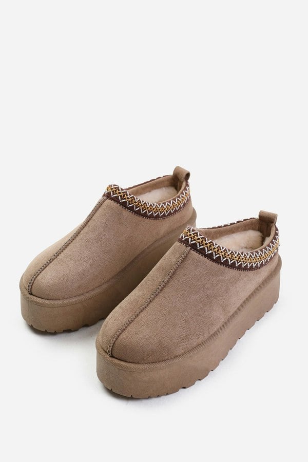 Where's That From Allegra Flatform Embroidered Low Ankle Slipper Boots in Camel Suede