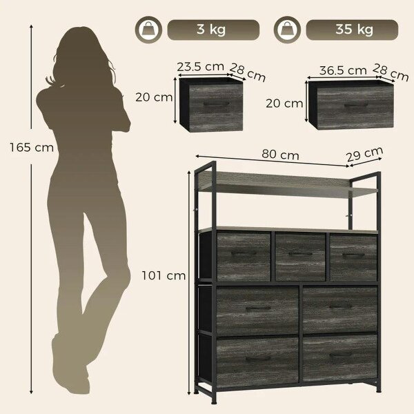 Chest of Drawers, Bedroom Fabric Dresser with 7 Drawers, Storage Organiser Unit with Open Shelves, Grey Wood-Effect