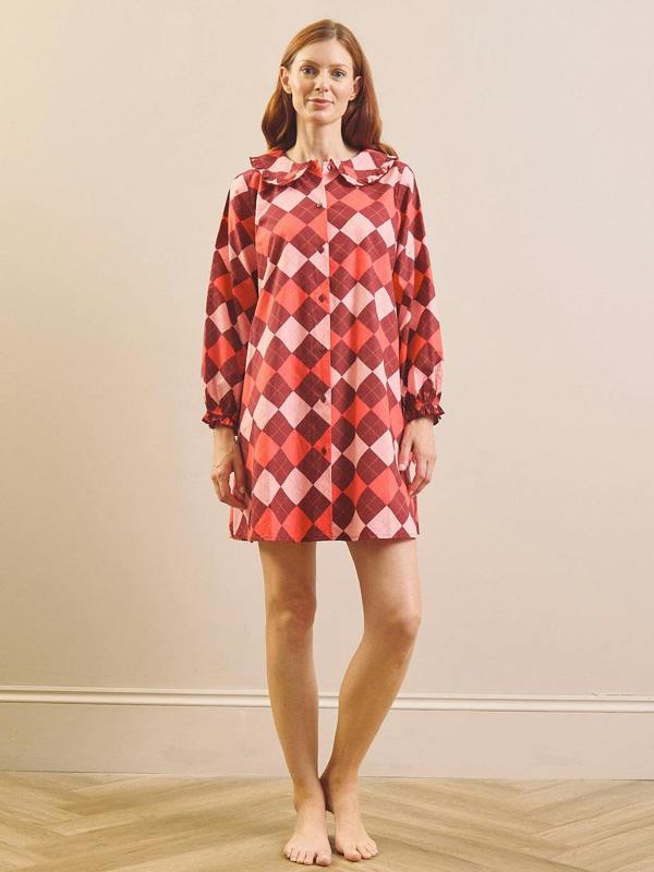 Their Nibs Raspberry Sorbet Argyle Cotton Frill Collar Nightshirt
