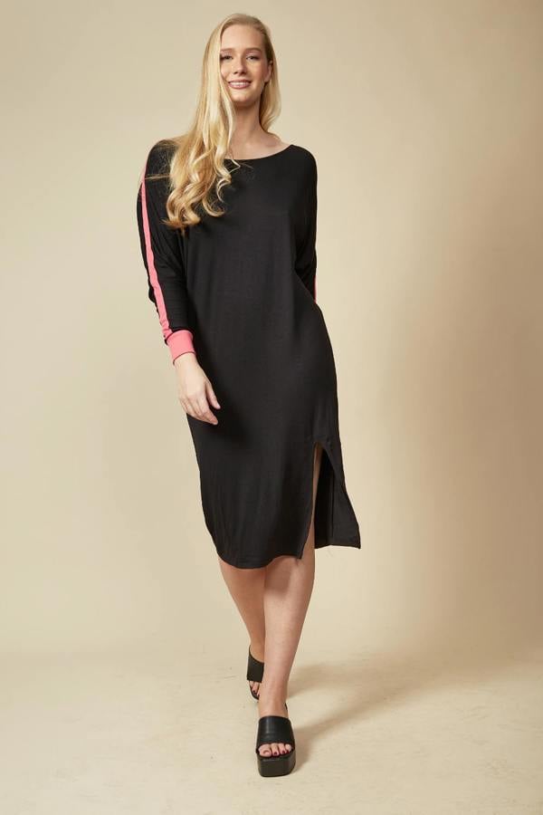 Hoxton Gal Relaxed Fit Dress with Pink Line in Black