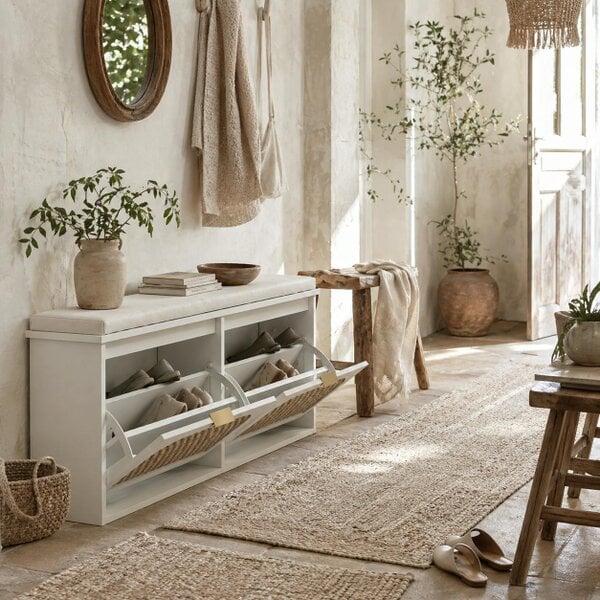 Wyld Haus Hano Wooden White Boho Style Shoe Bench With Cushioned Seat And 2 Flip Drawers