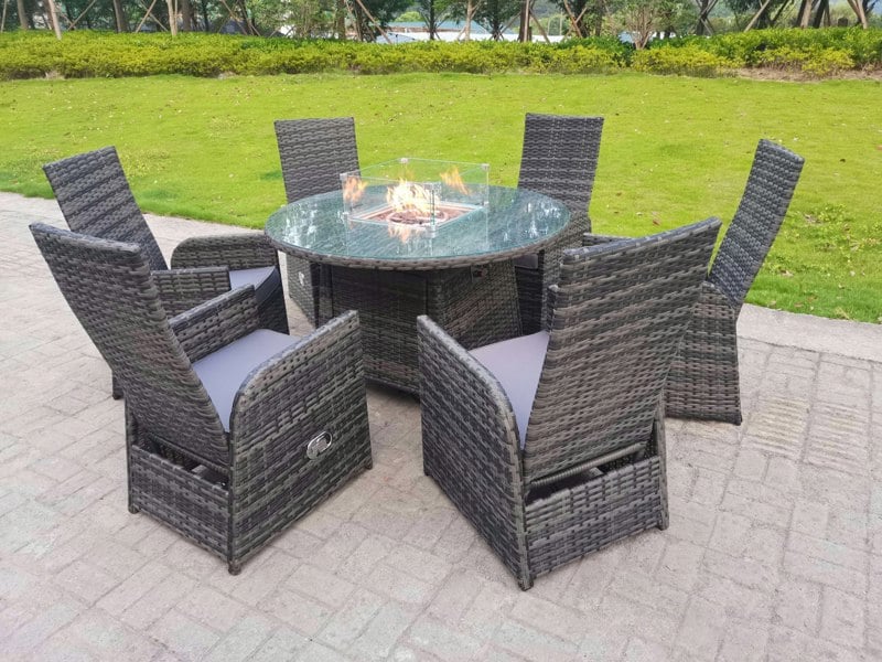 Fimous Rattan Garden Furniture Gas Fire Pit Round Dining Table And Chairs 6 Seater Plus Round Table