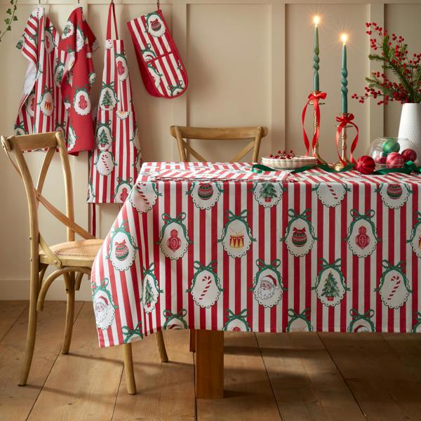 Catherine Lansfield Christmas Vintage Stripe Cotton Table Cloth Red