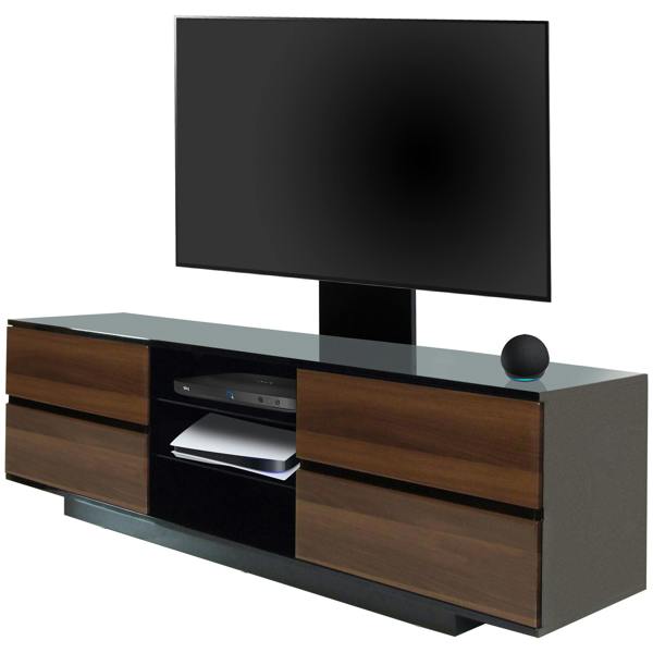 Homeology Avitus Gloss Black with 4-Walnut Drawers and 3-Shelves up to 65" LED/LCD/Plasma TV Stand with Mounting Arm
