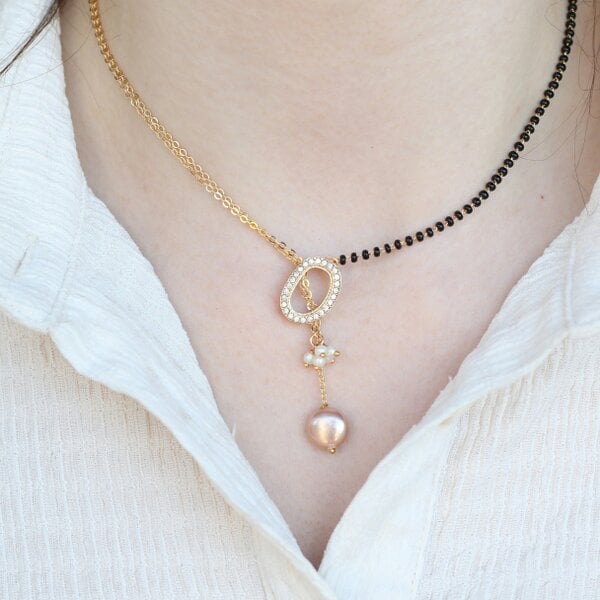 The Colourful Aura Half Black Bead Gold plated Oval Pearl Y shape Lariat Mangalsutra