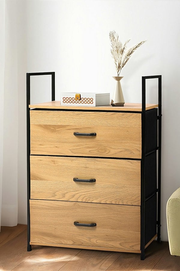 Living and Home Freestanding 3-Drawer Wood and Fabric Storage Cabinet