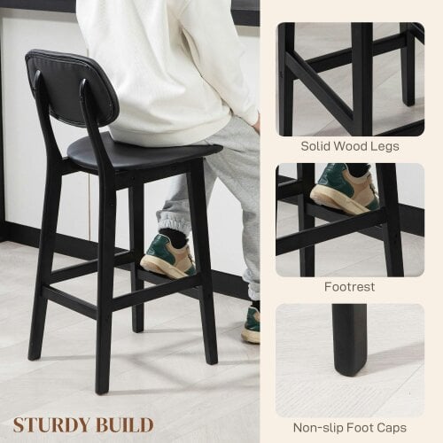 Wyld Haus Resono Solid Wood Black Classic Bar Stools Set Of 2 With Faux Leather Seats