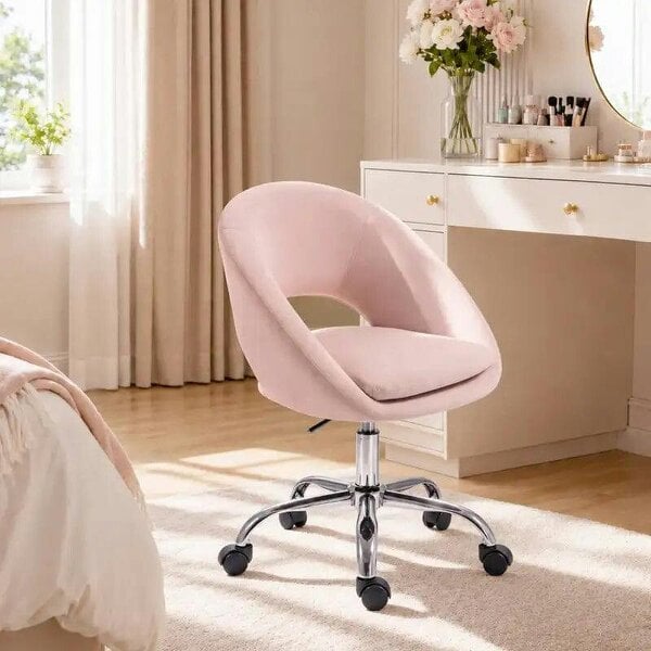 Velvet Desk Chair, Modern Office Chair with Height-Adjustable, Wheels, for Home Study Bedroom, Pink - Pink